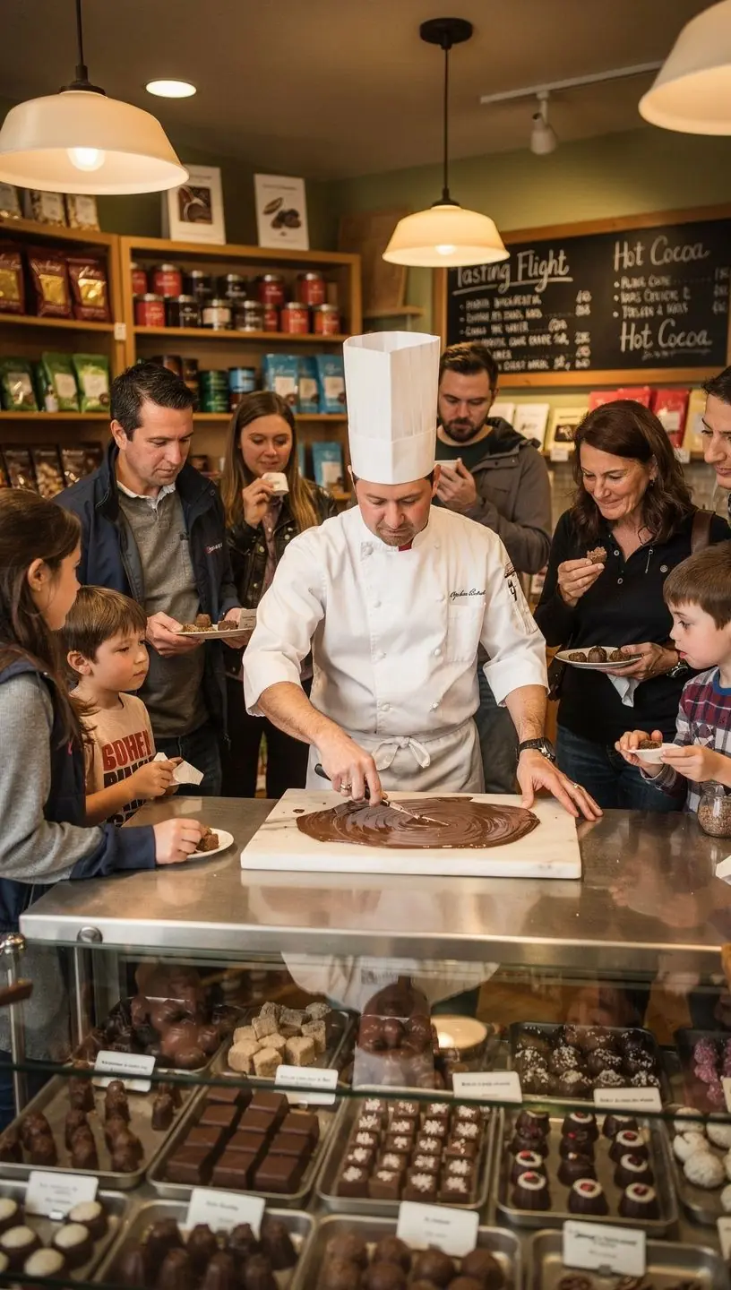 Grupa turystów degustujących lokalne specjały na marketowym stoisku.